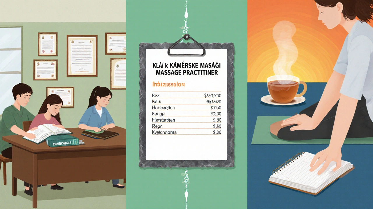 Koláž studia, certifikátů, knihy a po‑masážní čaj, protahování a deník.