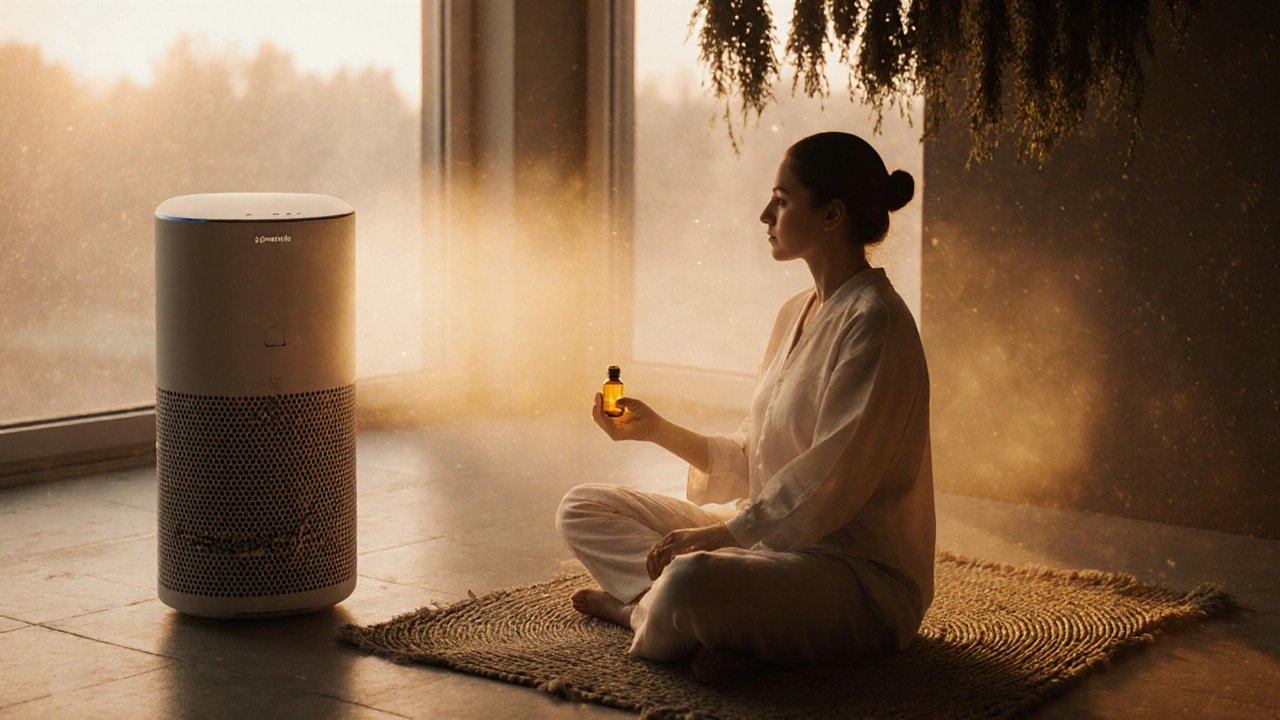 Masér sedí na koberečku a přijímá zlatou energii země, v pozadí je kvantový čistič vzduchu a sušené byliny.