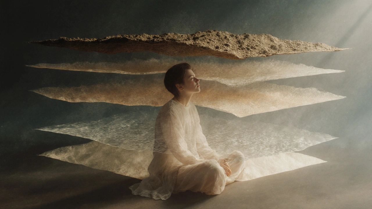 Osoba po masáži sedí s očima zavřenými, kolem ní se vznášejí vrstvy energie.