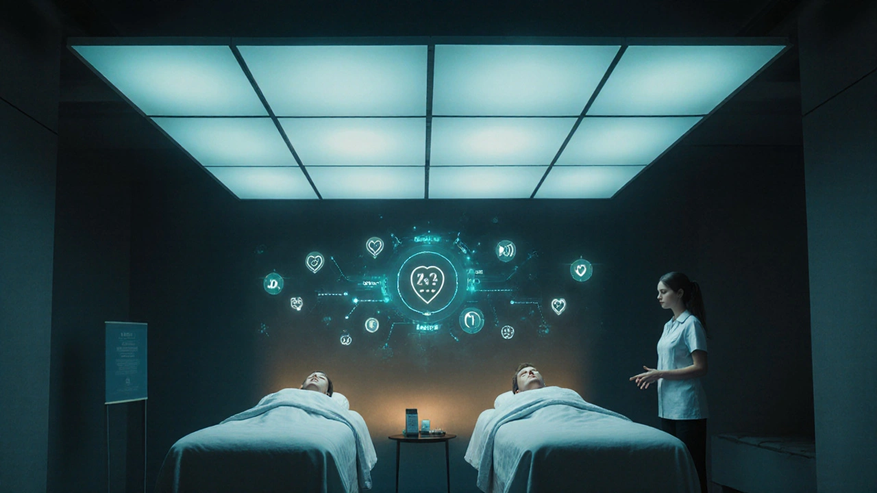 Po masáži pár leží na masážních stolech, obklopeni klidnou atmosférou a futuristickým AI prostředím.