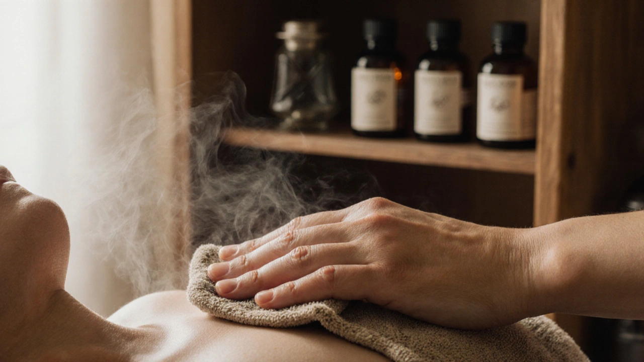 Ruce maséra otírají bylinný ručník o hrudník a čelo, na pozadí jsou lahve českých bylinných extraktů.