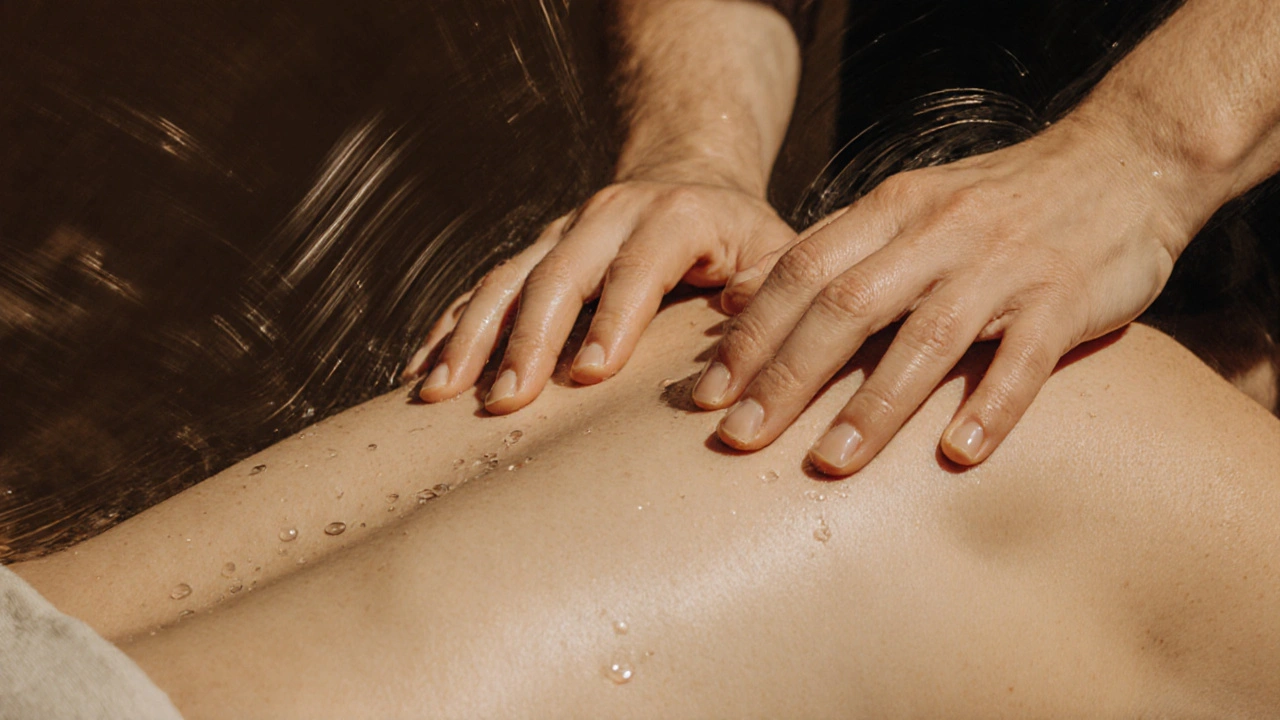 Ruce pomalu hladí záda, jemný dotek a pohyb energie v okolí kůže.