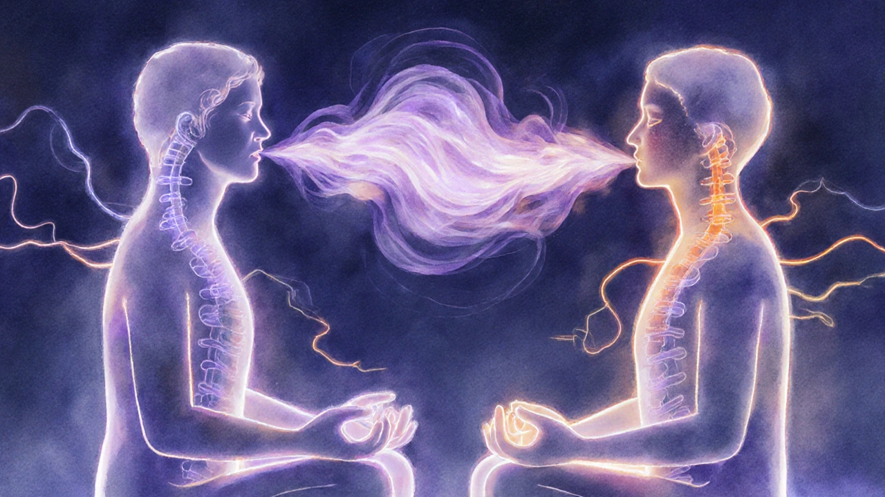 Dva lidé sedí čelem k sobě, jejich dech se propojuje jako světelné vlákno v klidné, tiché místnosti.