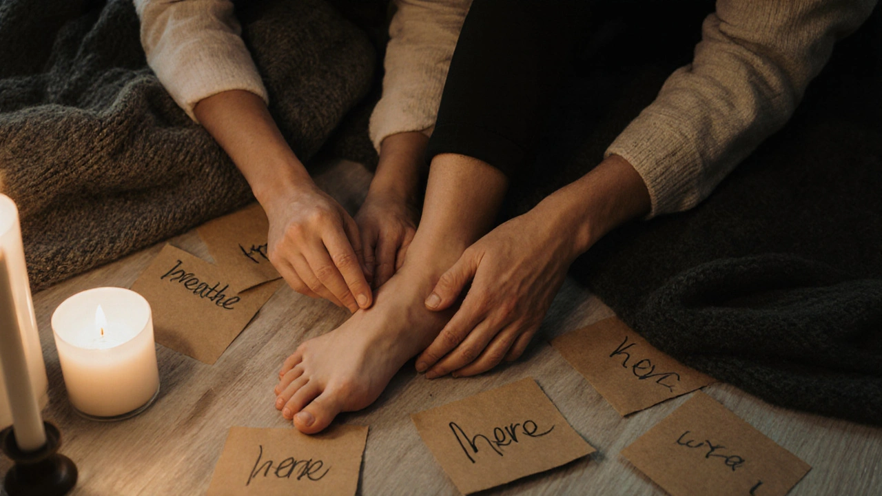 Dva partneři se dotýkají nohou v klidné, intimitní atmosféře.