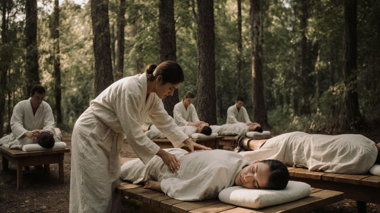 Instruktor jemně masíruje účastníka v klidném lesním prostředí, pouze přítomnost a dotyk.