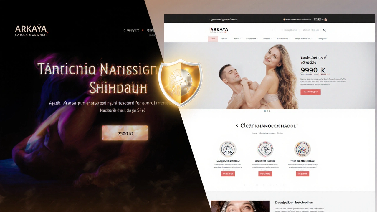 Kontrast mezi podvodnou webovou stránkou s nízkými cenami a důvěryhodným centrem s certifikacemi a přehlednými informacemi.