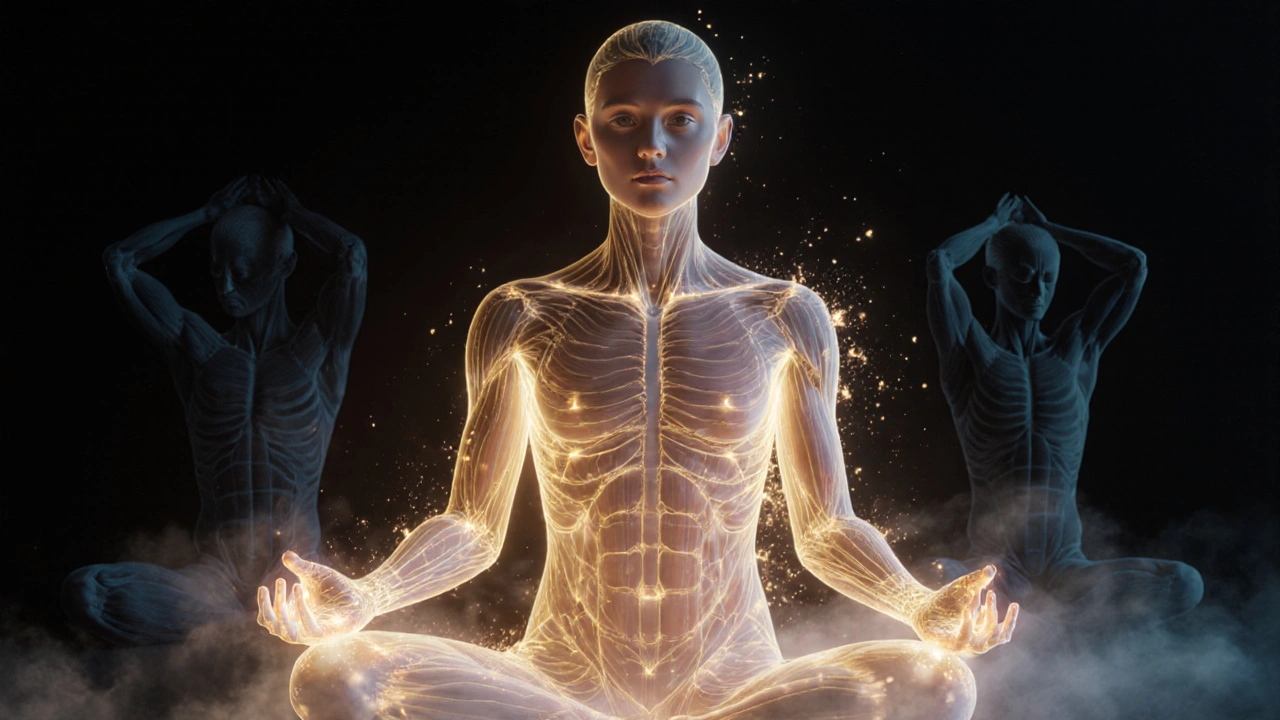 Postava v meditaci s jemnými zlatými energetickými čarami proudícími tělem.