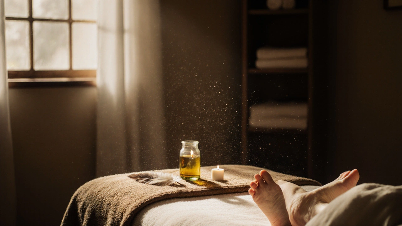 Prázdná místnost po masáži: svíčka, peří, olej a ručník na teplém ručníku — klid a pokoje po hluboké přítomnosti.