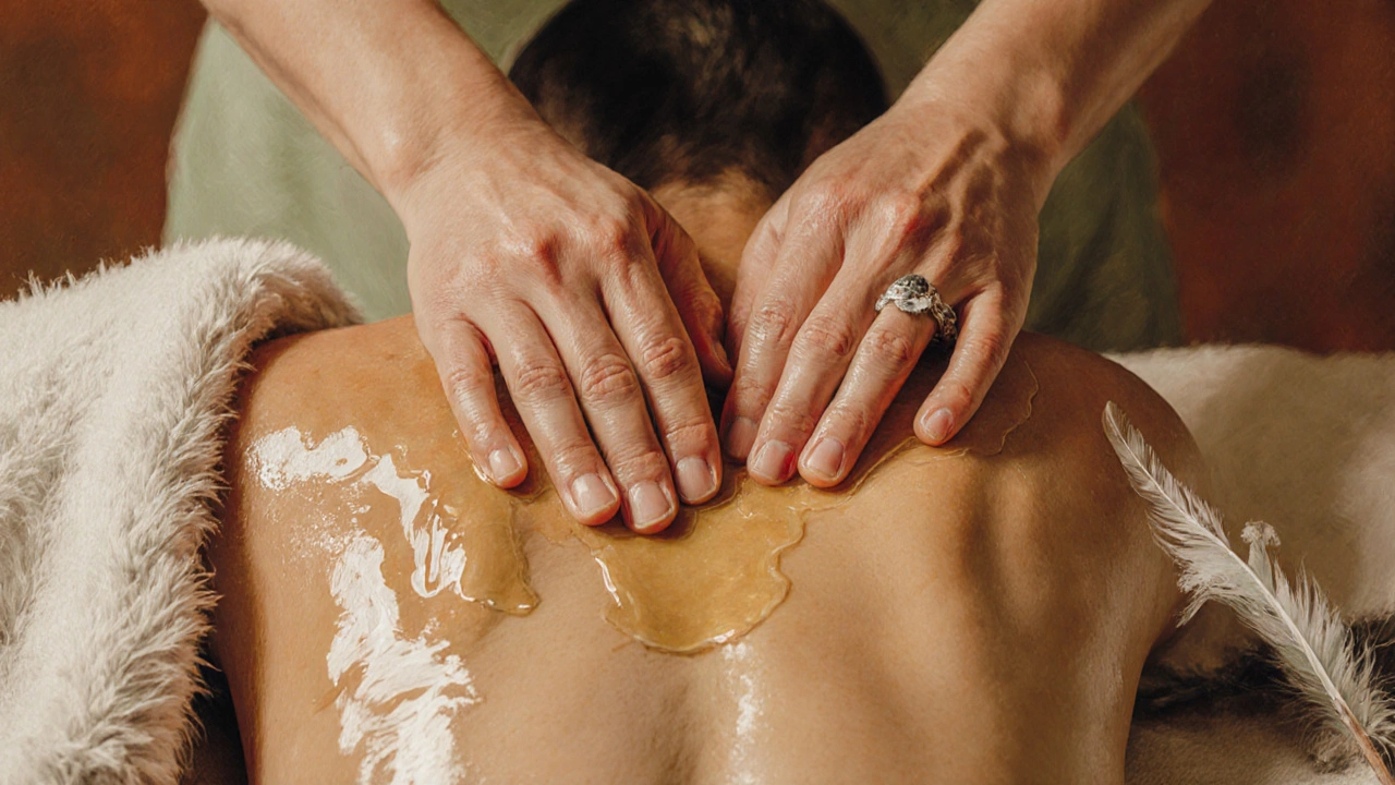 Ruce jemně hladí záda s olejem, vedle nich peří a kožešina naznačují různé typy doteků.