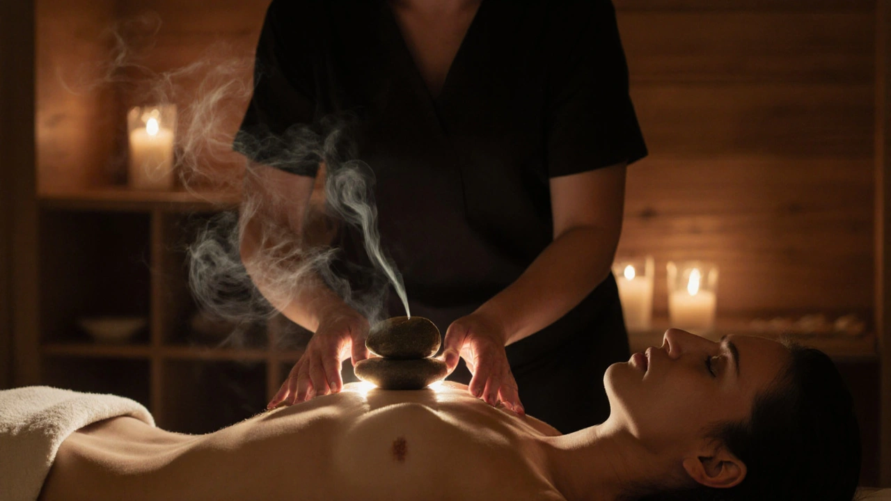 Tantrická masérka pomalu vede lávový kámen podél těla klienta v tiché, meditativní atmosféře.