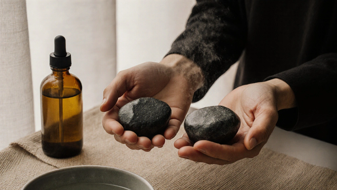 Tři lávové kameny různých velikostí leží na lněném plátně vedle horké vody a přírodního oleje.