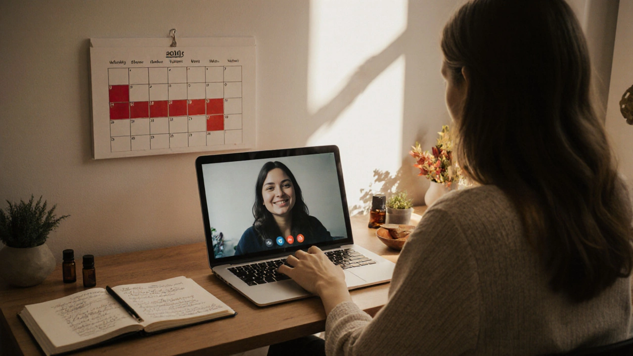 Žena pracuje na hybridním kurzu tantrické masáže doma s mentorem online.