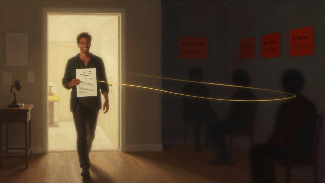 Dvě části scény: bezpečná etická masáž vpravo s jasným světlem a nelegální praktika vlevo s červenými varováními.