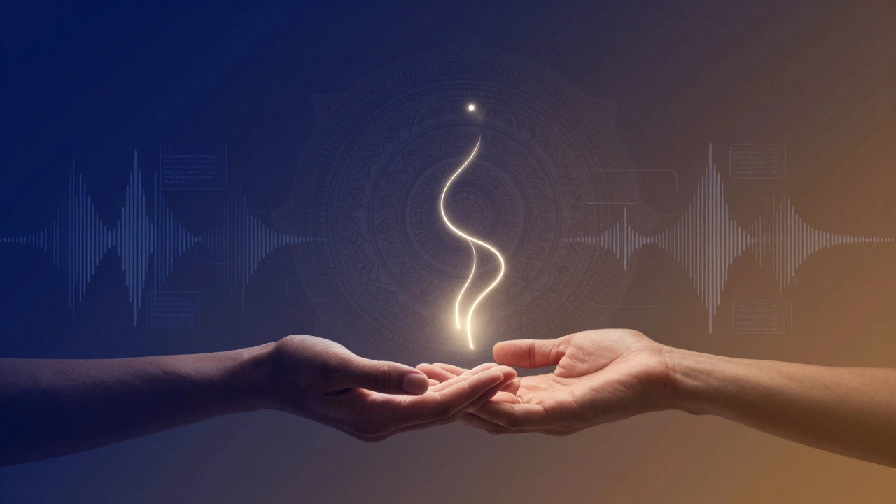Dvě ruce spojené zářícími vlákny, symbolizující spojení doteku a dechu.