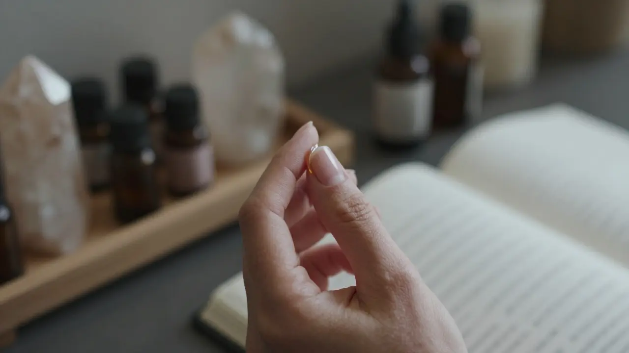 Jemný dotek prstu na okraji yoni, osvětlený měkkým světlem, s olejem na kůži.