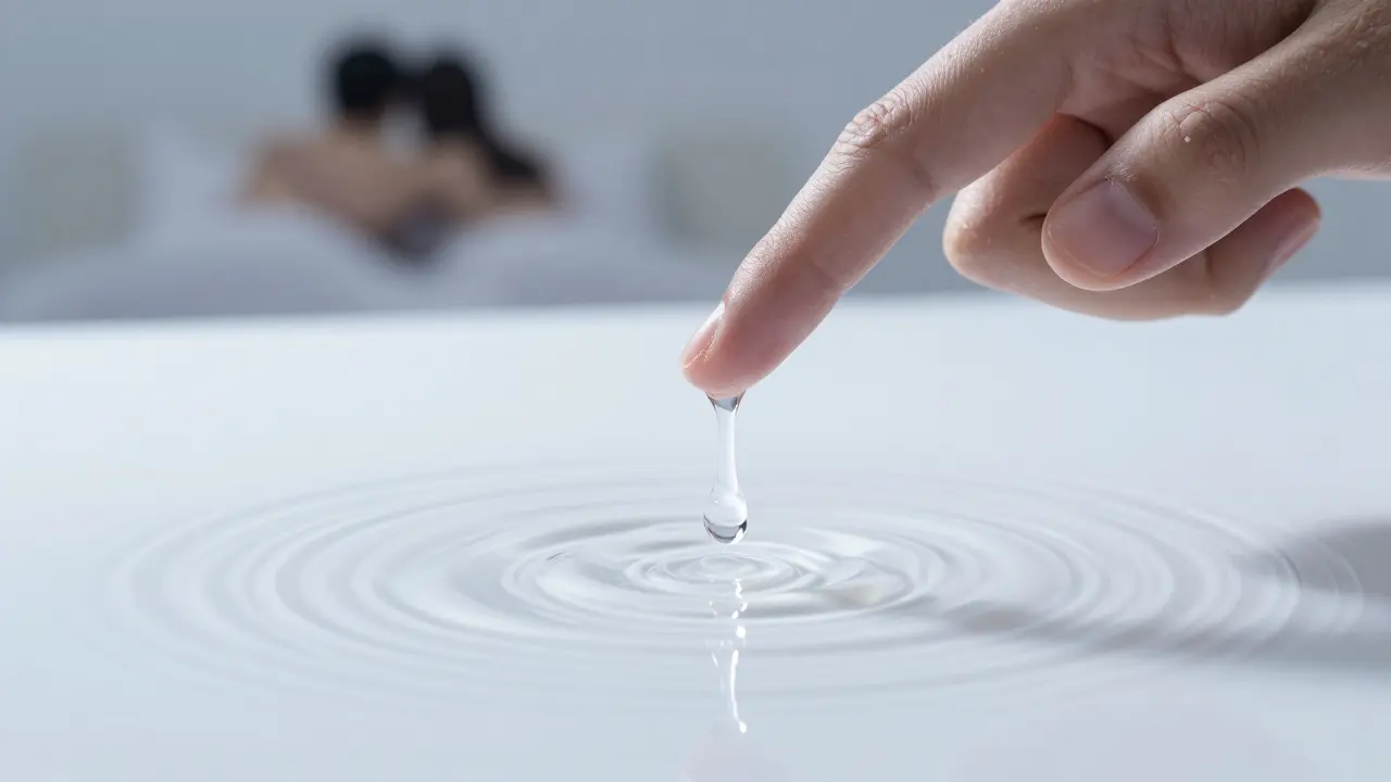 Kapka nuru gelu padá do vody, vytvářející vlny, symbolizující kluzký kontakt a uvolnění.