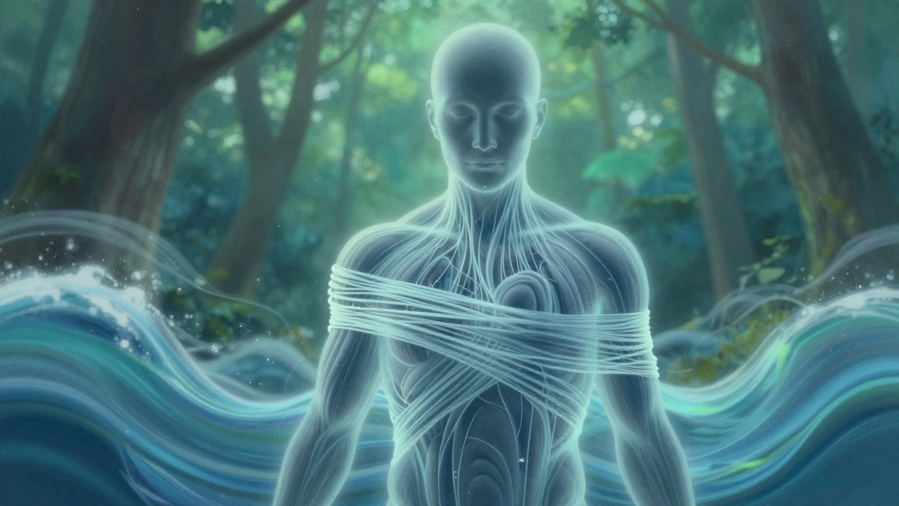 Konceptuální znázornění uvolňování fascií a klidného obnovování těla.