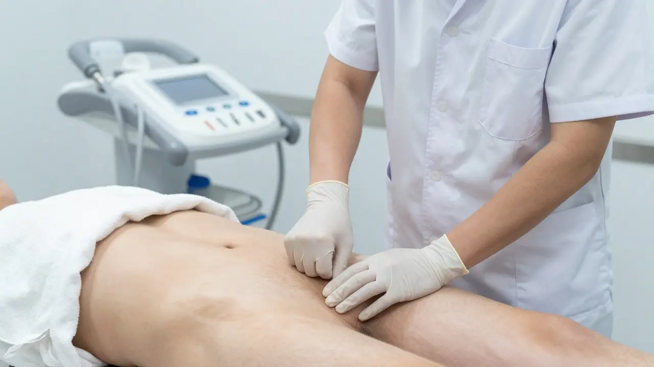 Lékař s rukavicí provádí masáž prostaty v klinice, pacient je uvolněný.