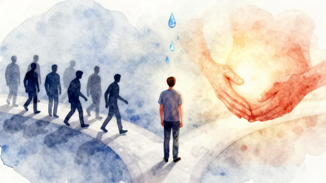 Muž na křižovatce: jedna cesta je temná, druhá září teplem a klidem.