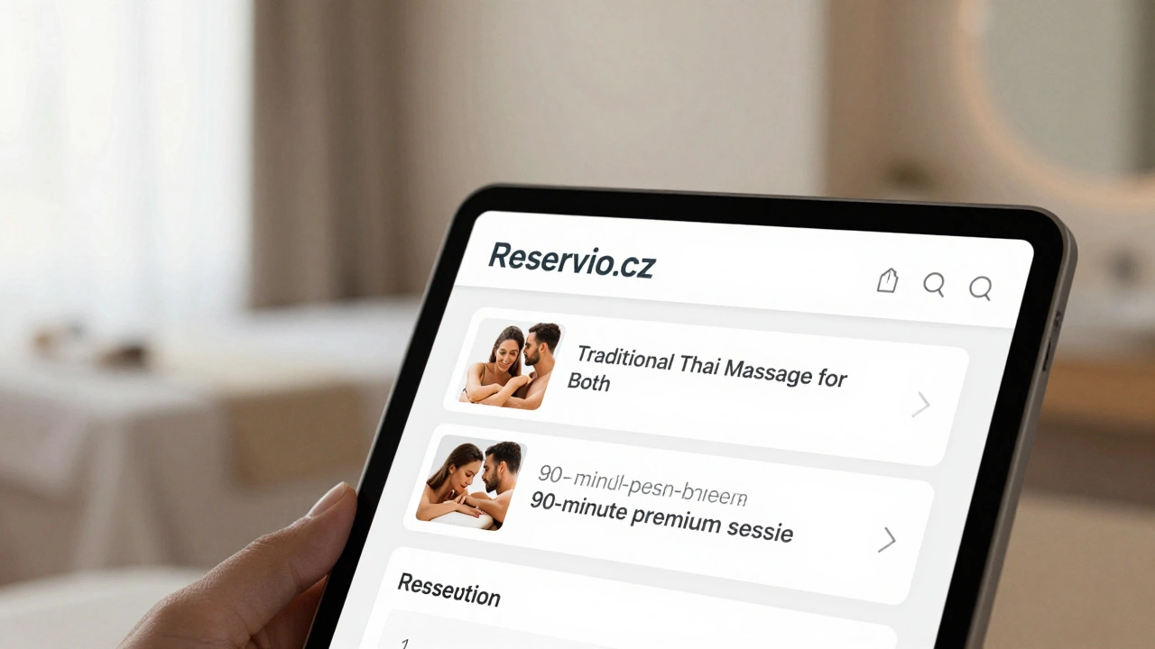 Obraz obrazovky s online rezervací párové masáže na Reservio.cz s vybranými možnostmi.