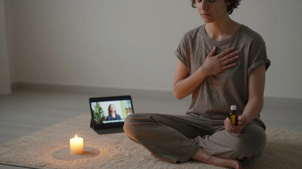 Osoba sama sebe masíruje v klidné místnosti s svíčkou a tabletem na pozadí.