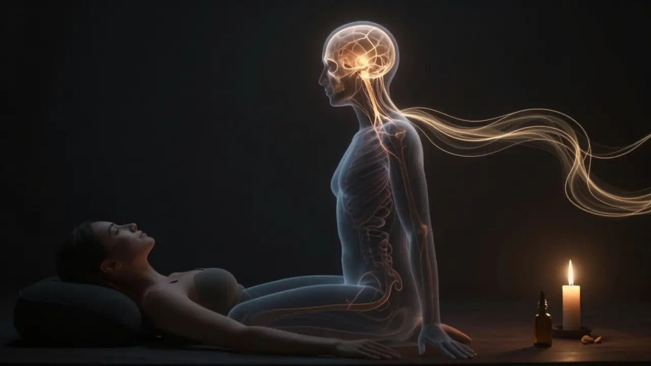 Průhledný lidský obraz s vnitřním proudem energie od hlavy k nohám, symbolizující integraci těla a mysli.