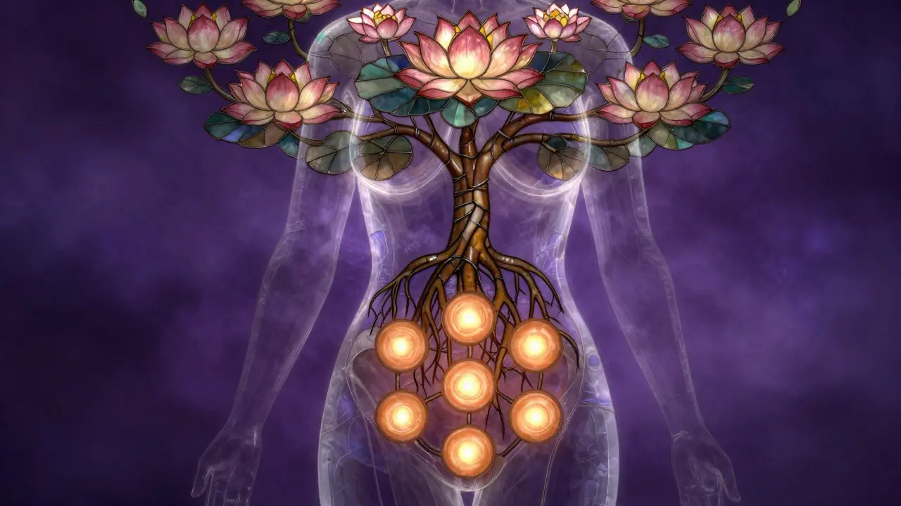 Průhledný silueta ženy s osmínou světelných bodů v pánvi, spojených s kořeny a květy.