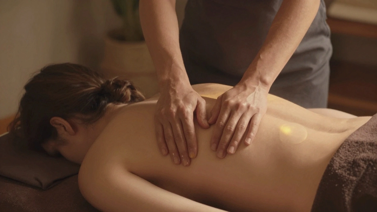 Tantrická masáž s terapeutem, který pomalu dotýká záda klienta v klidném prostředí.