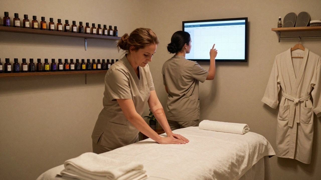 Terapeuti připravují masážní oleje a ručníky v klidném spa recepci s přírodními vůněmi.