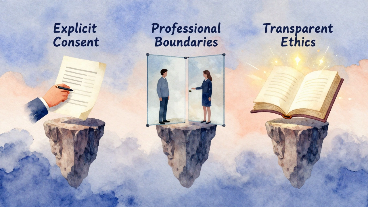Tři symbolické pilíře etické tantrické masáže: souhlas, hranice a transparentnost, vyobrazené jako lehce svítící prvky v mlze.