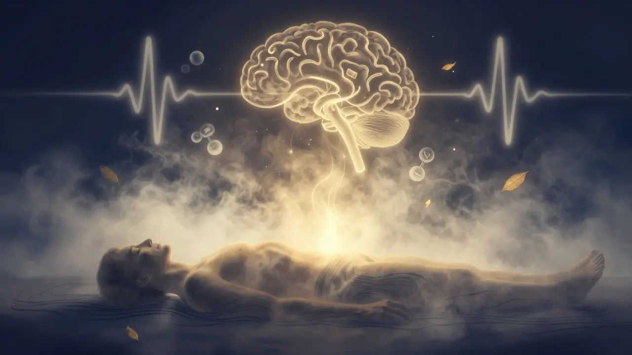 Abstraktní obrázek těla, které se uvolňuje z napětí do zlatého světla, symbolizující klid a vnitřní přeměnu.