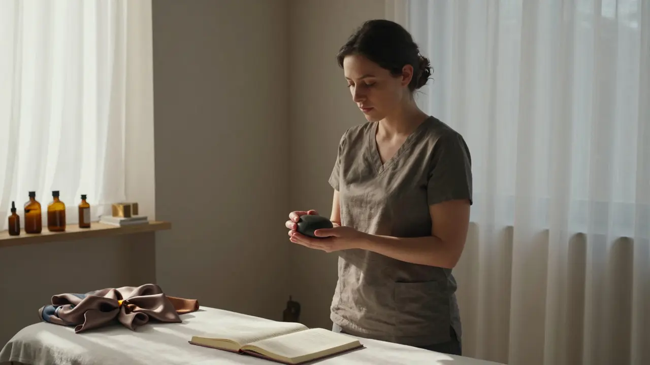 Certifikovaný masér stojí samotný po masáži, hledí na ruce a cítí přeměnu.