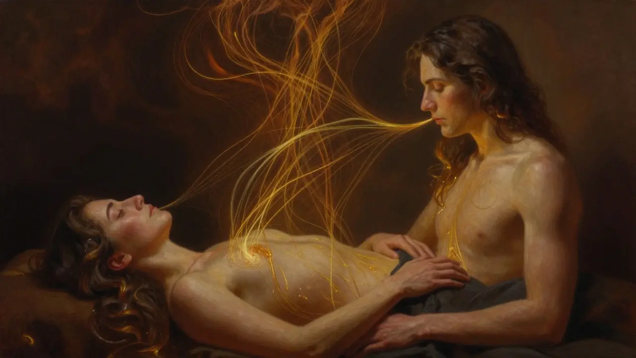 Dvě postavy ve tiché souvislosti, jejich dechy spojeny zlatými vlákny, vlasy jemně sahající po kůži.