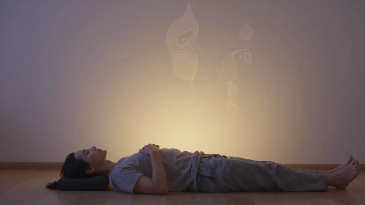 Osoba leží na zemi s očima zavřenými, ruce na hrudi a břiše, symbolizující vnitřní přítomnost.