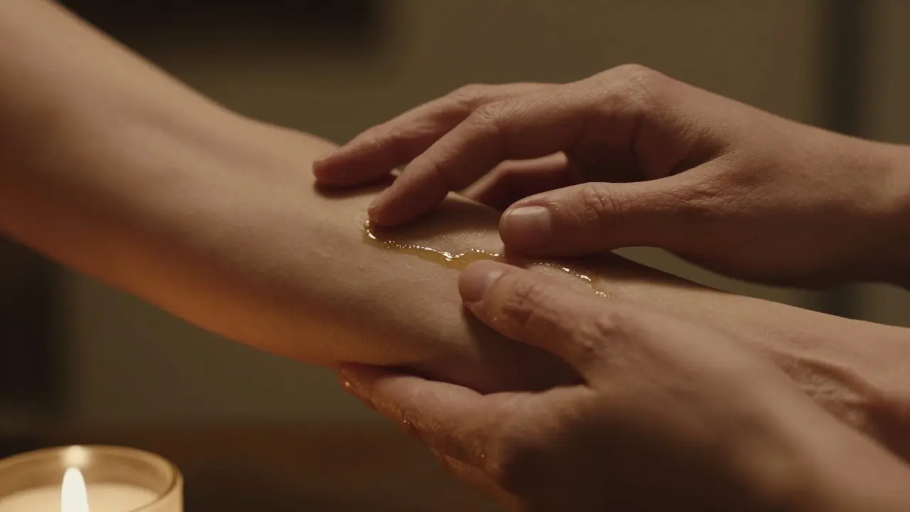 Ruce jemně dotýkají předloktí v tichém prostředí, olej leskne na kůži při světle svíčky.