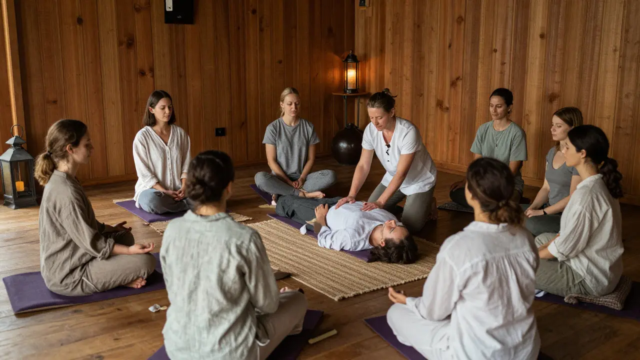 Skupina studentů medituje v tiché učebně tantrické masáže bez telefonů.