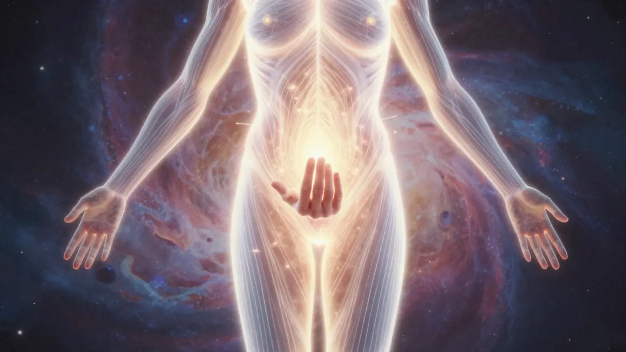 Tělo zářící energií, ruka se zastavila milimetr nad tělem, světlo se šíří do všech končetin.