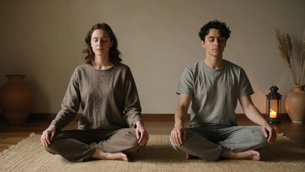 Dva lidé sedí spolu v klidu, dýchají současně, v tichém, přírodně vybaveném prostoru.