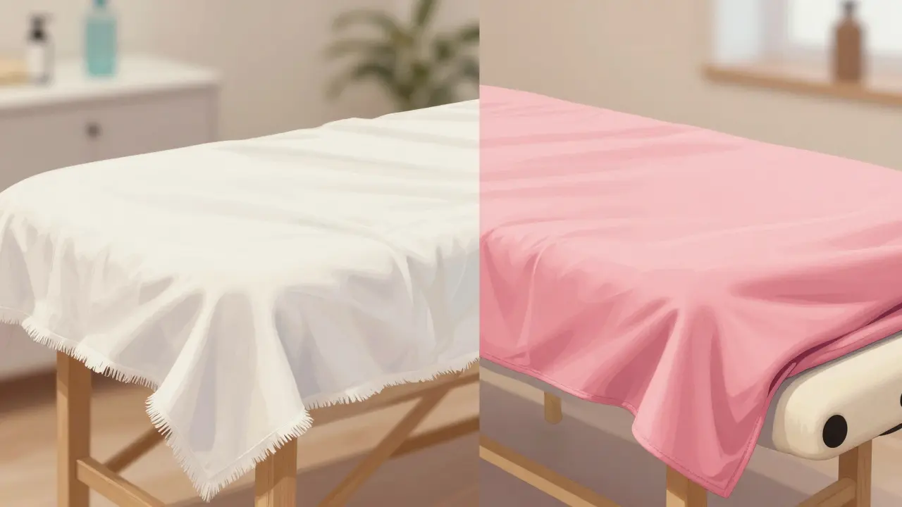 Dvě masážní prostěradla vedle sebe: jedno poškozené z 100 % bavlny a druhé odolné s kombinací 80/20, zdůrazňující rozdíly v trvanlivosti a struktuře.