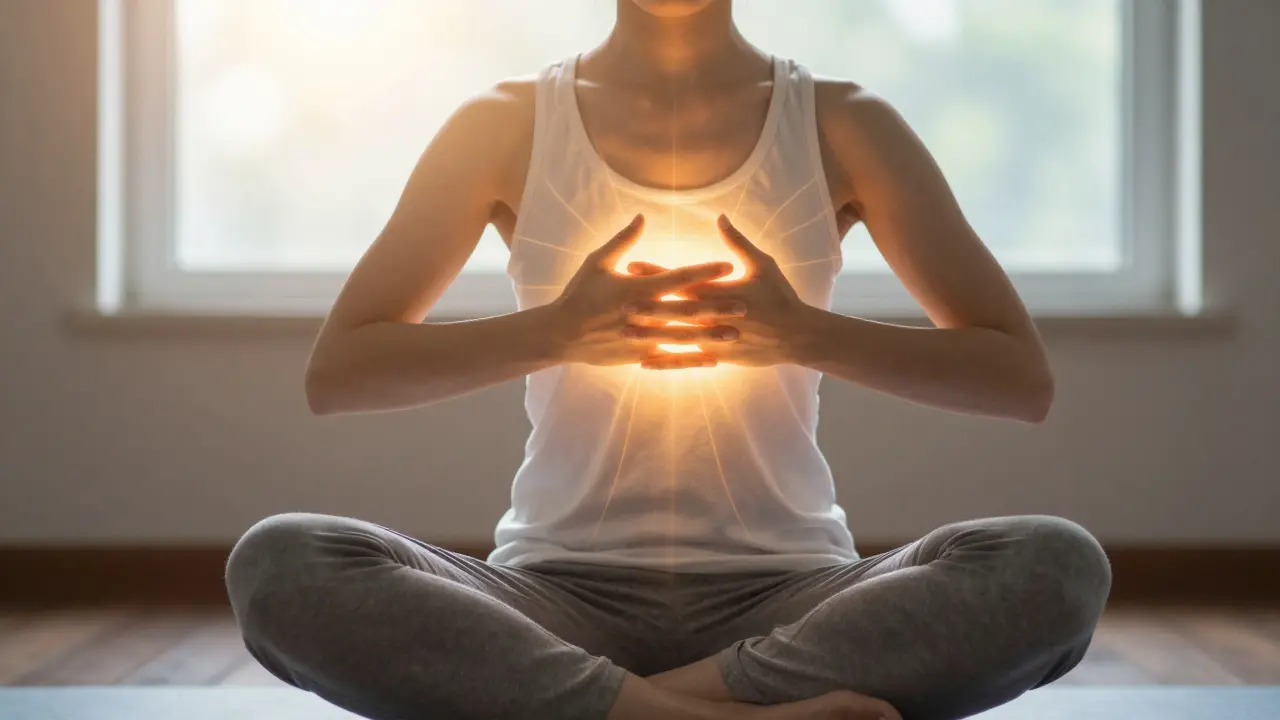 Osoba medituje s rukama na srdci, světelné energie, klid.