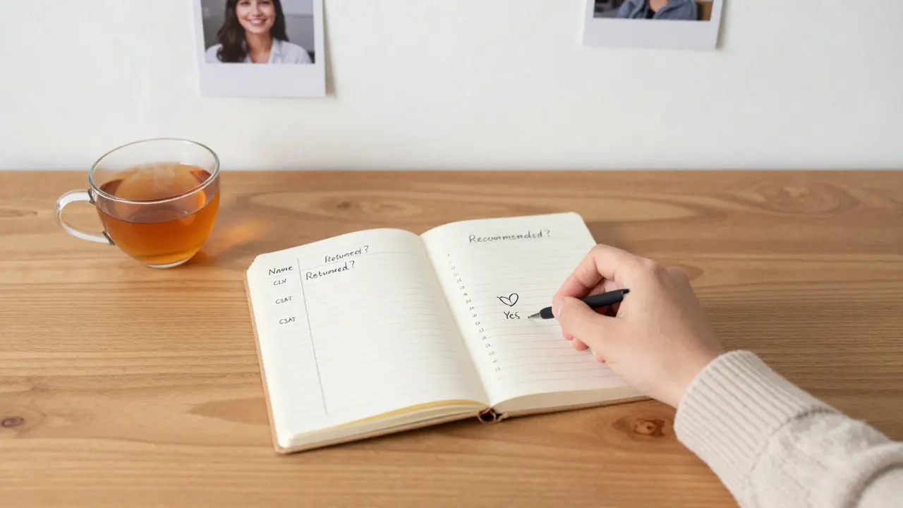 Ručně vyplněná tabulka s daty o klientech a srdce vedle jednoho záznamu.