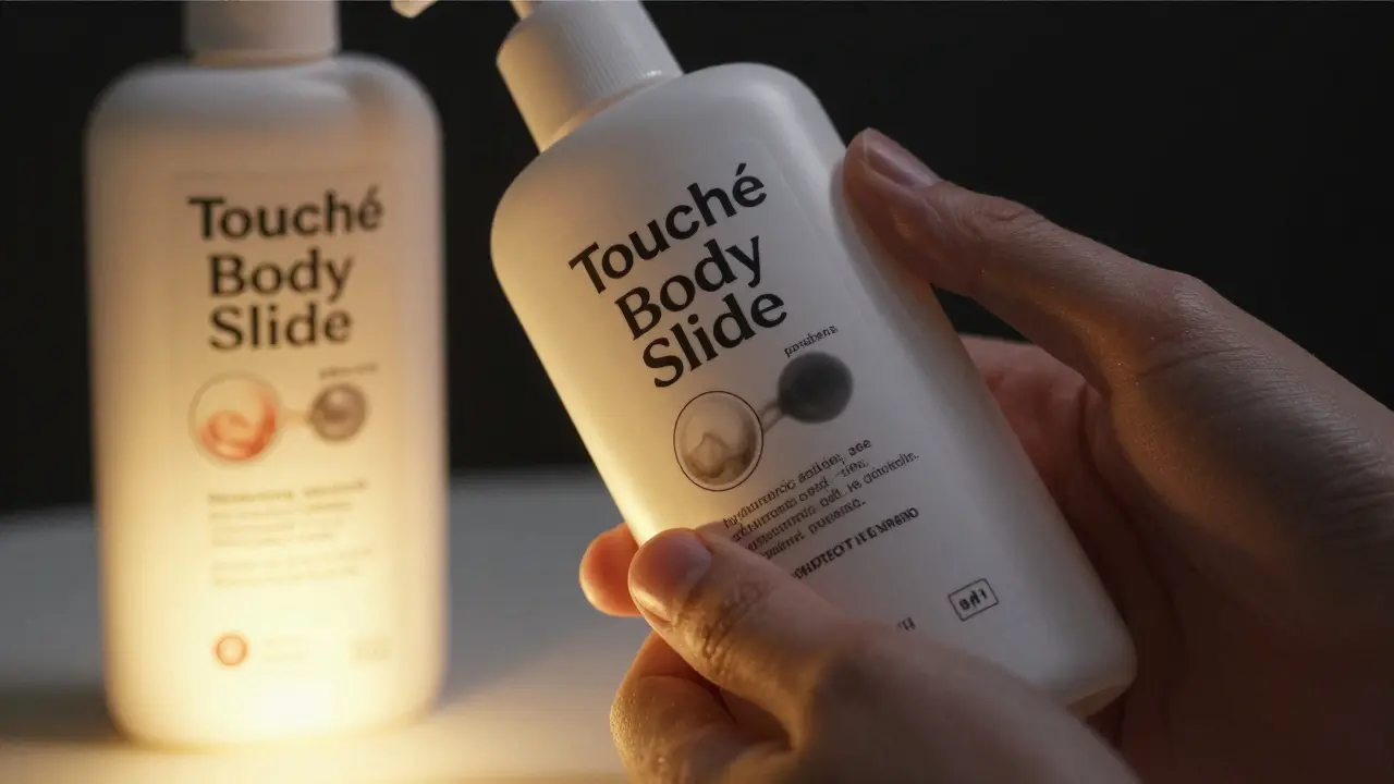 Ruka čte složení lubrikantu, nebezpečné látky mizí, bezpečné složky svítí.