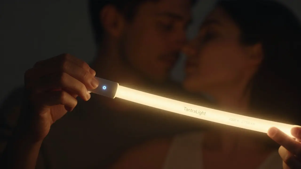 Ruka upravuje chytrou LED pásku, jejíž světlo se mění v taktu dechu, osvětluje jen obrys těl v temnotě.