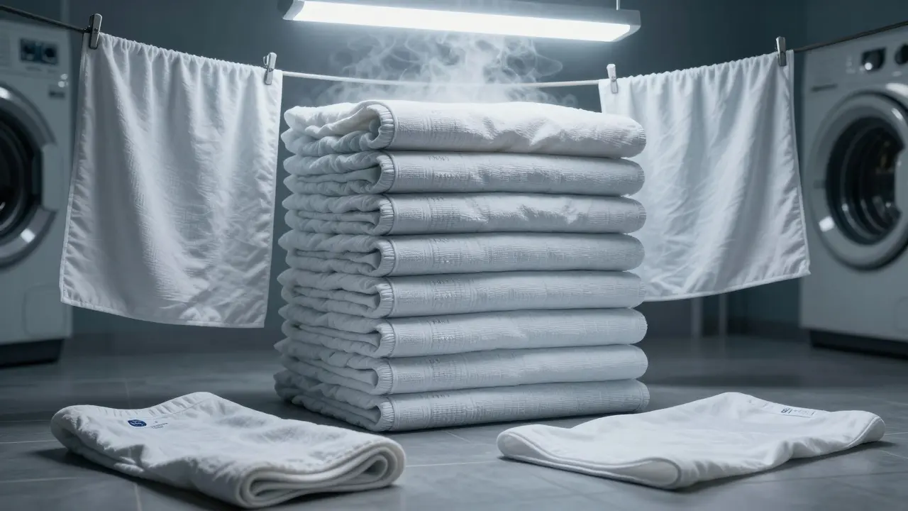 Složená hromádka profesionálních masážních prostěadel s gumovými hrazeními v pračkárně, s jedním poškozeným kusem na pozadí.