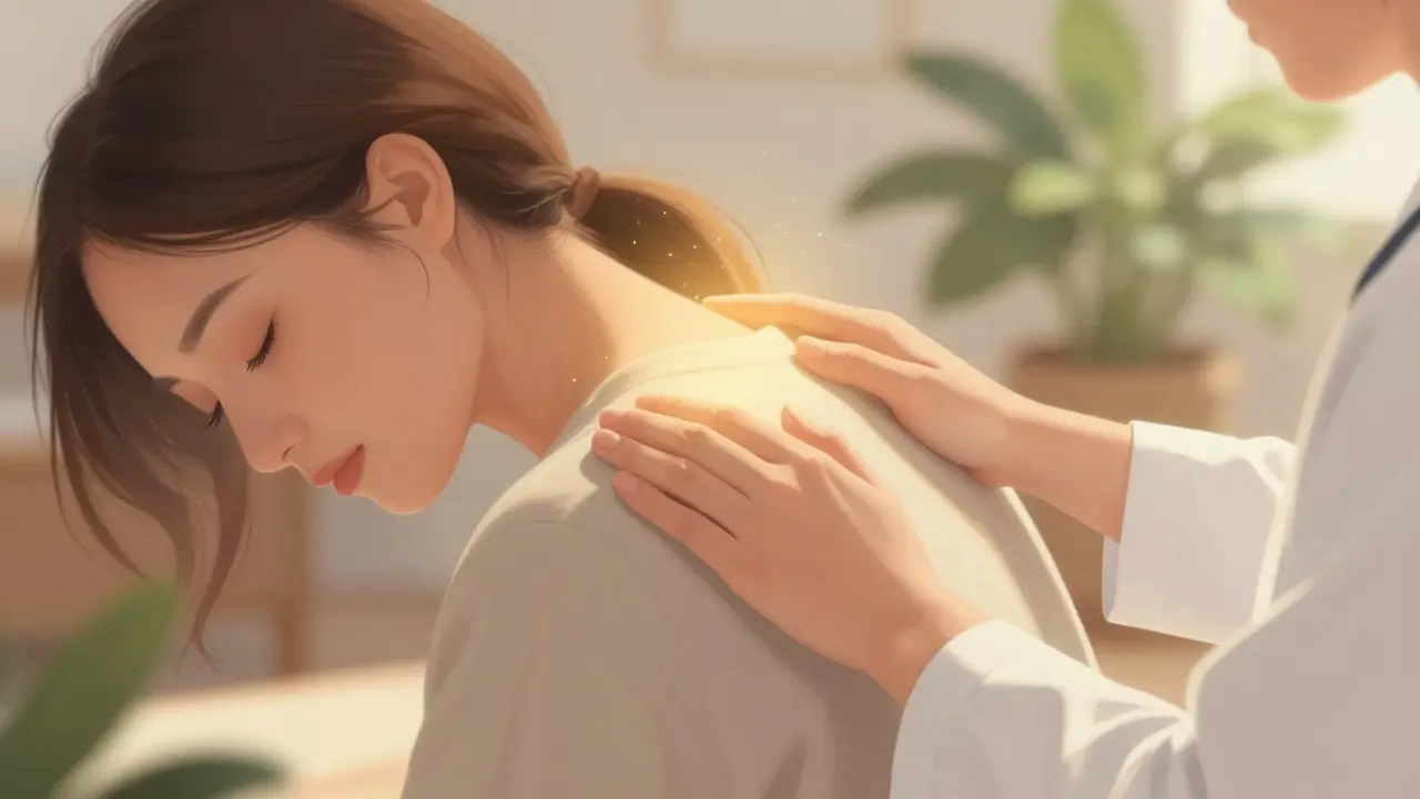 Terapeutovy ruce na rameni klienta, zlaté světlo, klidné prostředí.