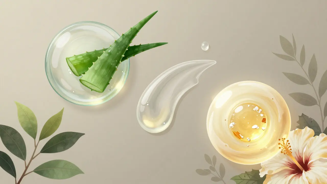 Tři typy lubrikantů – vodní, silikonový a přírodní – znázorněny jako symbolem s přírodními prvky.