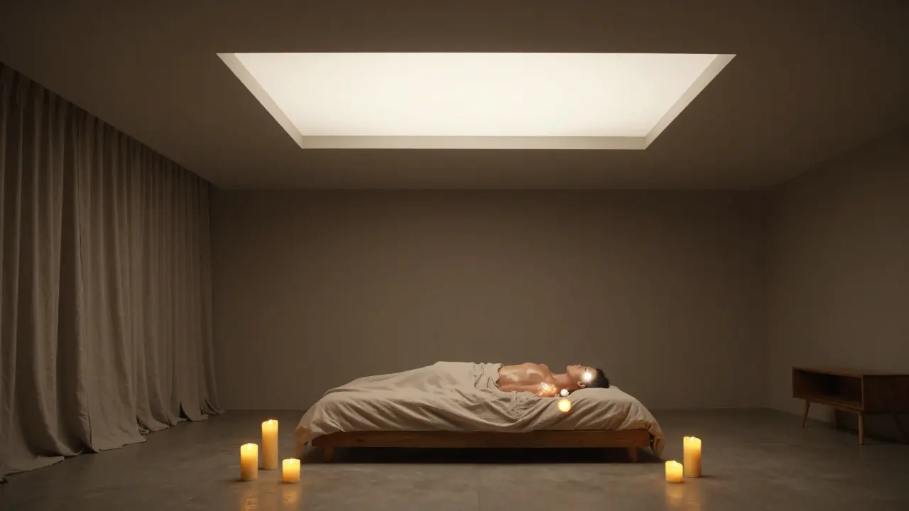 Tři vrstvy osvětlení v tiché ložnici: základní LED, atmosférické svíčky a akcentová teplá tečka světla na kůži.