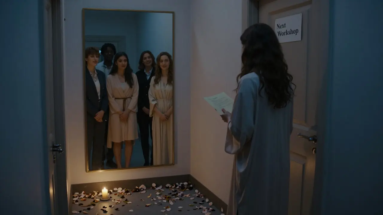 Žena v chodbě se dívá na zrcadlo, kde vidí tváře dřívějších klientů.