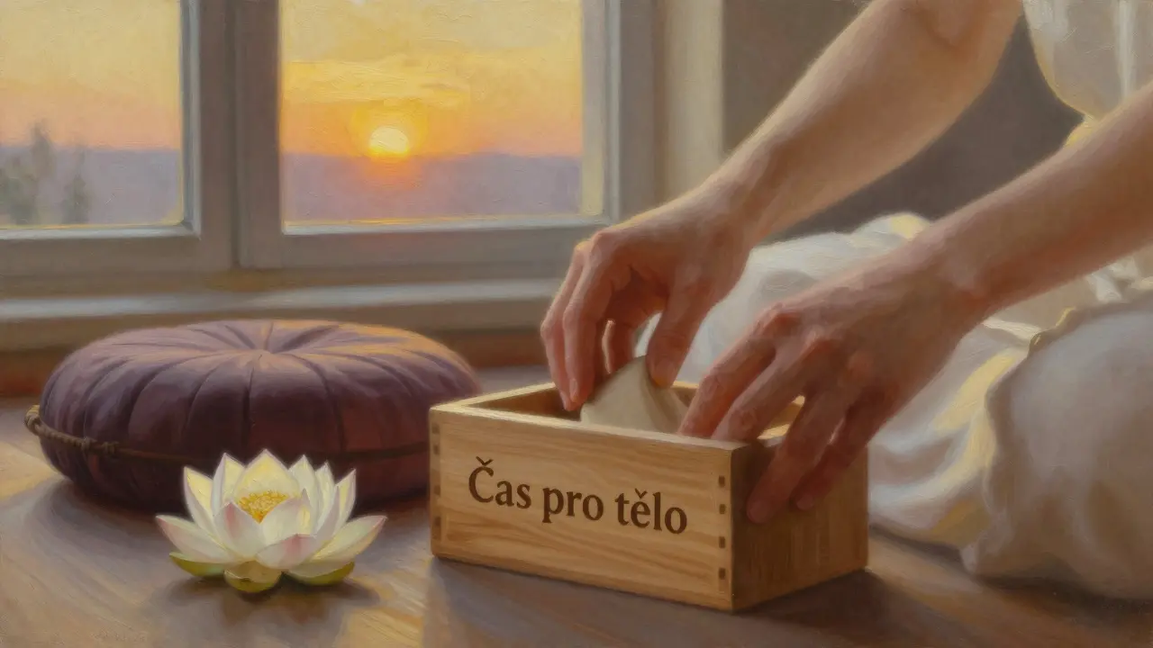 Dvě ruce klidně ukládají dárkový poukaz do dřevěné krabice s nápisem 'Čas pro tělo' a květinou.