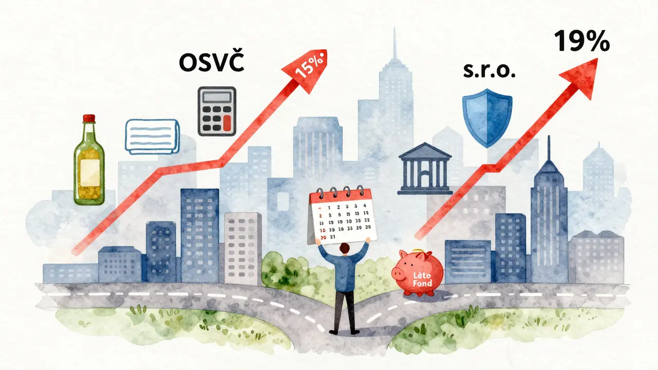 Koncepční ilustrace dvou cest podnikání: OSVČ a s.r.o. s symboly nákladů, daní a létové rezervy.